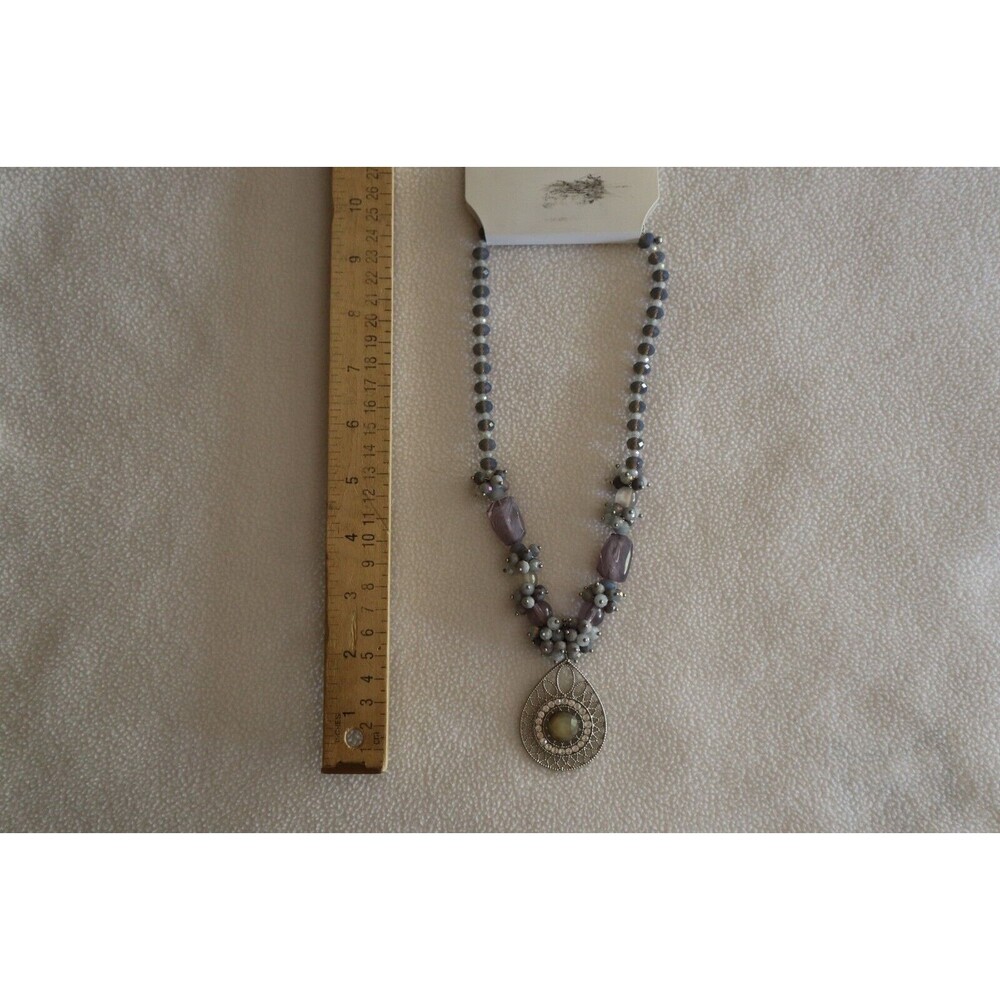 Necklace Gray Purple Faceted Beads Cluster Silver Tone Filigree Pendant 19" Boho - Picture 4 of 10
